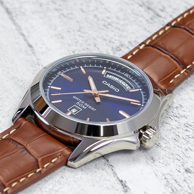 New]Brown leather belt navy on Casio standard men MTP-1370L-2A watch boy  date - BE FORWARD Store