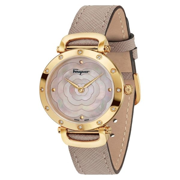 New Salvatore Ferragamo Lady s watch accessories Salvatore Ferragamo Diamond Leather Strap Watch 34mm Beige Pink Mop Gold BE FORWARD Store