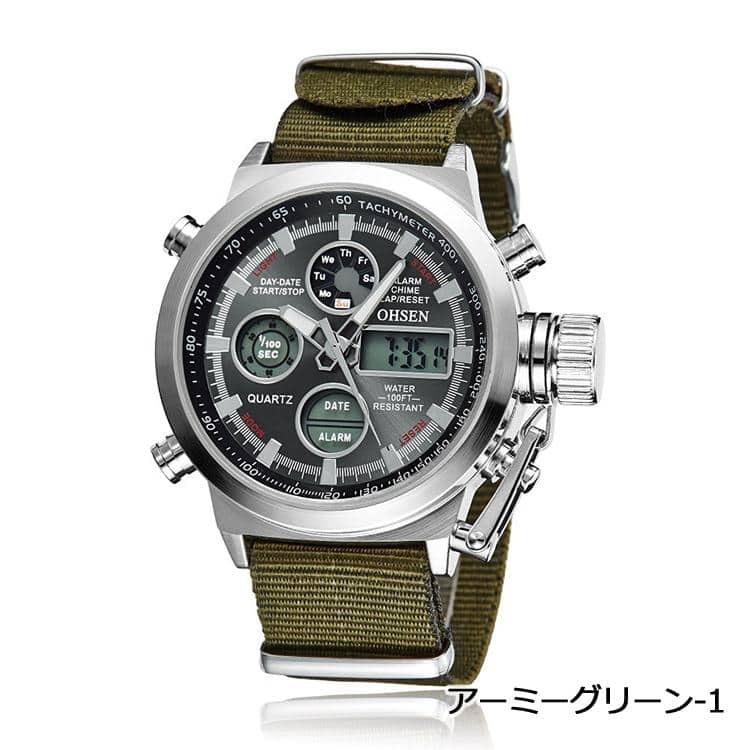 New OHSEN watch men LED sports alarm date day chronograph multifunctional watch army green BE FORWARD Store
