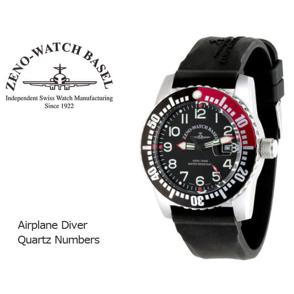 New]Zeno Men's Airplane Divers Quartz Watch Black/Red 6349-515Q-12