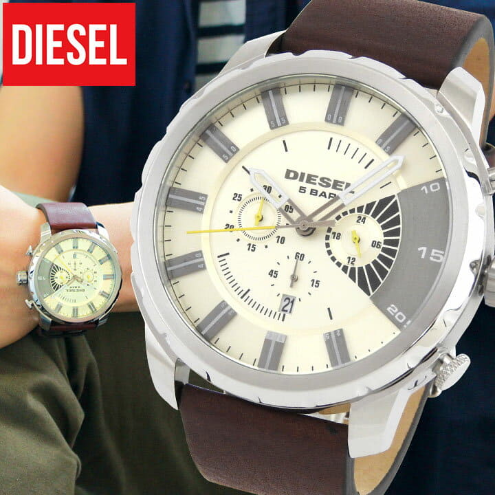 New DIESEL clock diesel Stronghold Strong hold DZ4346 men watch watch chronograph tea brown Silver silver leather belt until 1 59 for 26 days BE