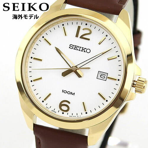 New]Seiko Men's Quartz Analog Watch Leather Belt White/Gold/Brown SUR216P1  - BE FORWARD Store