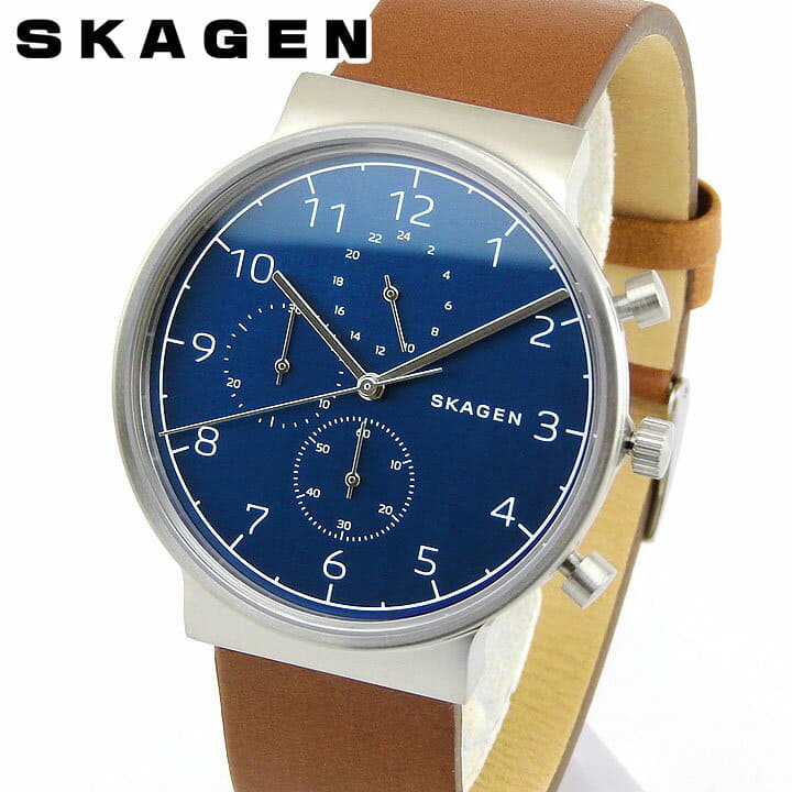 New SKAGEN scar gene anchor SKW6358 men watch leather belt leather chronograph blue navy tea brown Silver silver BE FORWARD Store