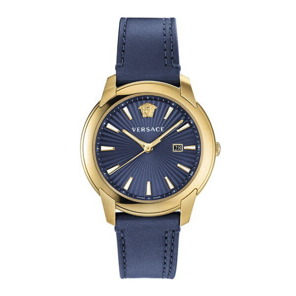 New]Versace Lady's watch accessories Versace Urban Leather Strap Watch,  42mm Blue/ Gold - BE FORWARD Store
