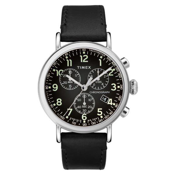 New Timex Lady s watch accessories Timex Standard Chronograph Leather Strap Watch 41mm Black BE FORWARD Store