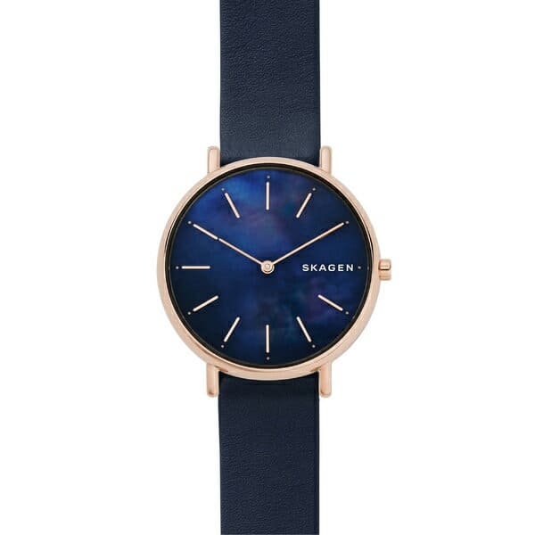 New]Skagen Lady's watch accessories Skagen Signatur Leather Strap Watch,  36mm Blue/ Mop/ Rose Gold - BE FORWARD Store