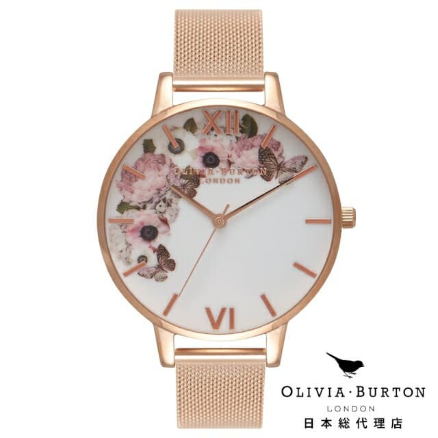 New Olivia Burton Signature Floral Flower Pattern Ladies Watch Rose Gold Mesh BE FORWARD Store