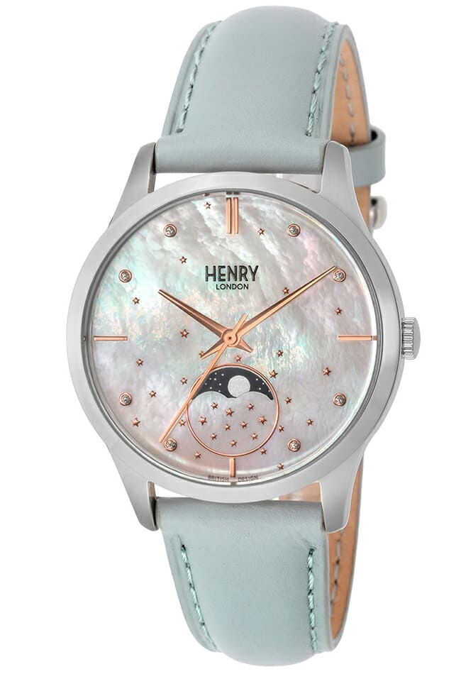 New Henry London Moon Phase Watch Pearl Silver Grey Leather Strap HL35 LS 0327 BE FORWARD Store