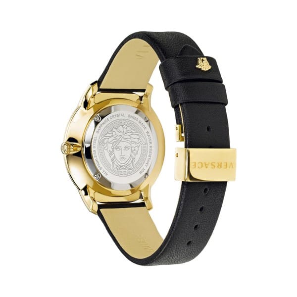 New]Versace Lady's watch accessories Versace Audrey V Leather Strap Watch,  38mm Black/ Gold - BE FORWARD Store