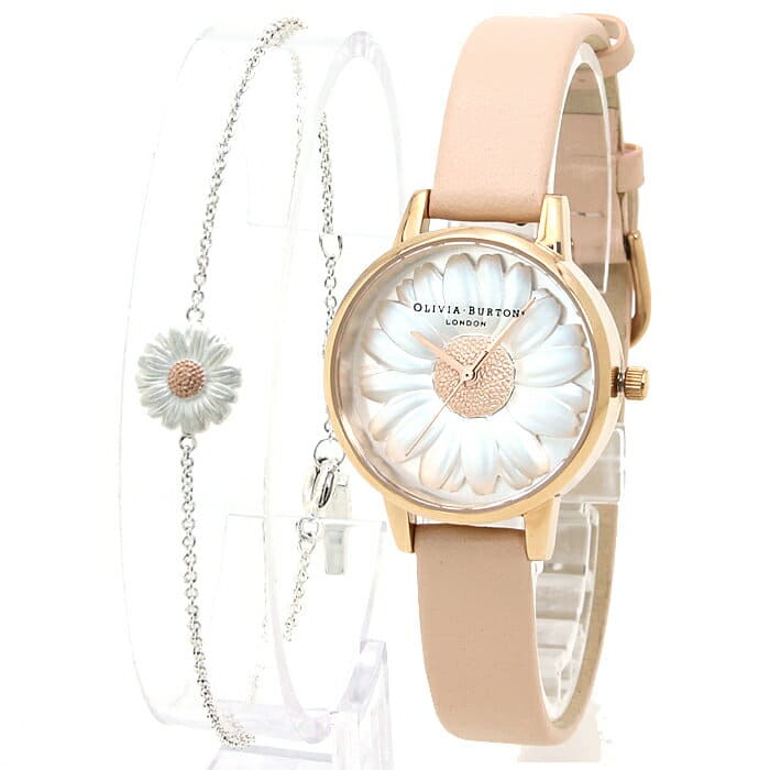 New]Olivia Burton OLIVIA BURTON 3D Daisy clock & bracelet set Lady's clock  OB16GSET18 white pearl clockface pink leather belt - BE FORWARD Store