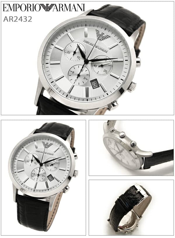 New NewYearSALE Emporio Armani EMPORIO ARMANI AR2432 watch clock mens Chronograph Silver Black leather G2 BE FORWARD Store
