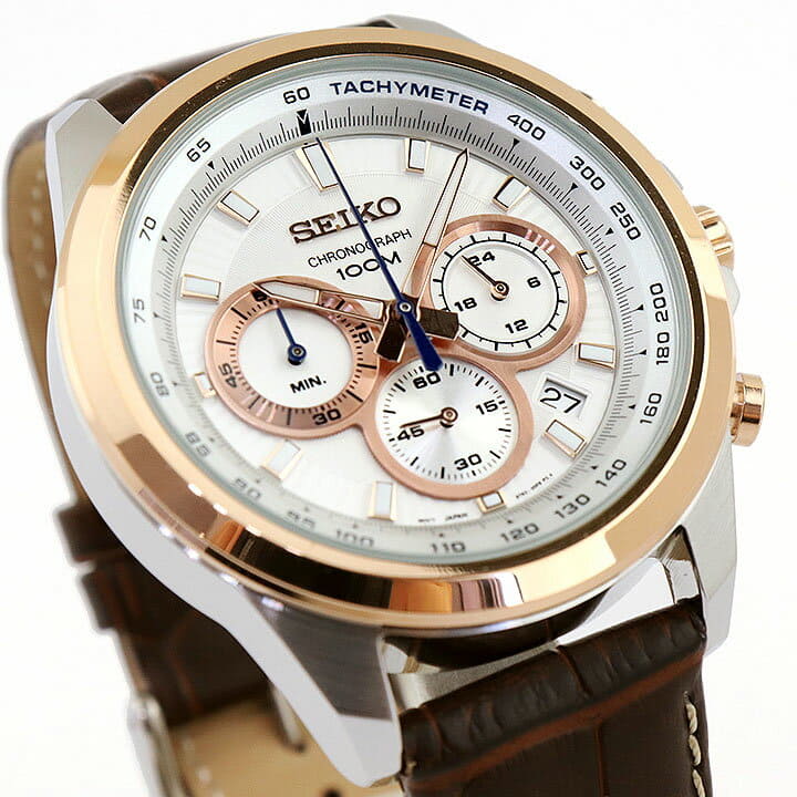 New Seiko Men s Quartz Chronograph Watch Leather Belt Brown Silver