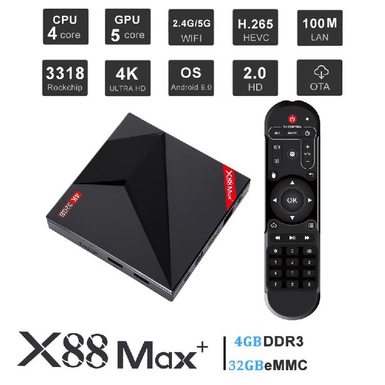 New]X88 MAX + TV box for Android 9.0 4GB RAM 32/64 GB ROM USB TYPE-C 2.4G  5Ghz Dual WiFi 4K Smart Set Top Box - BE FORWARD Store