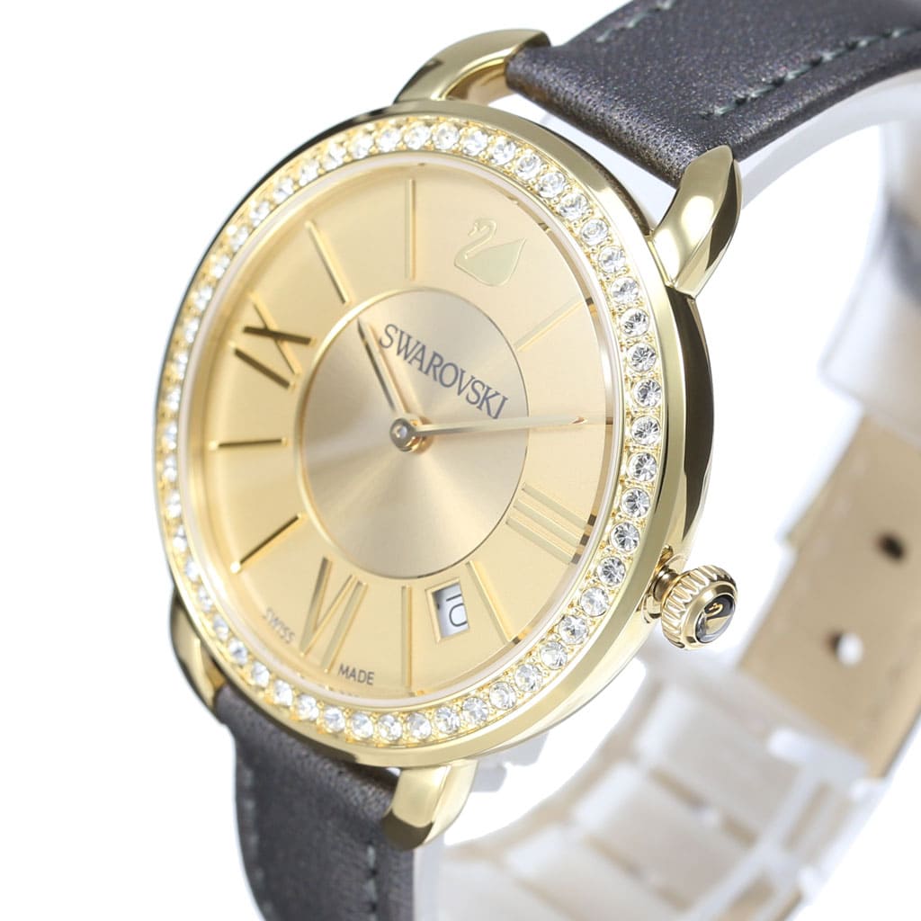 New]Swarovski Aila Day Ladies Round Swiss Watch Leather Belt Gold 5221141 -  BE FORWARD Store