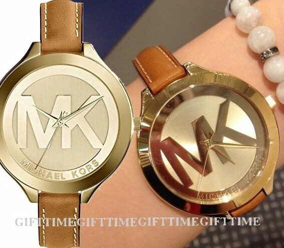 New]☆MICHAEL KORS Michael Kors MK2326Slim Runway Champagne Dial Gold  stainless Tan Leather Ladies Gold tongue leather analog watch mk2326 - BE  FORWARD Store