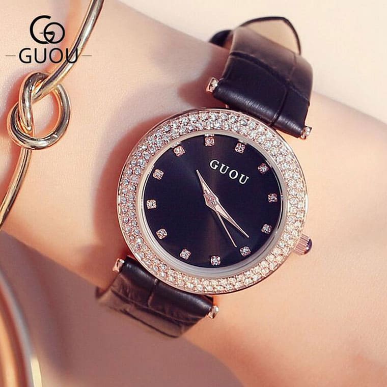 New]GUOU watch diamond Lady's watch leather Lady's clock luxury