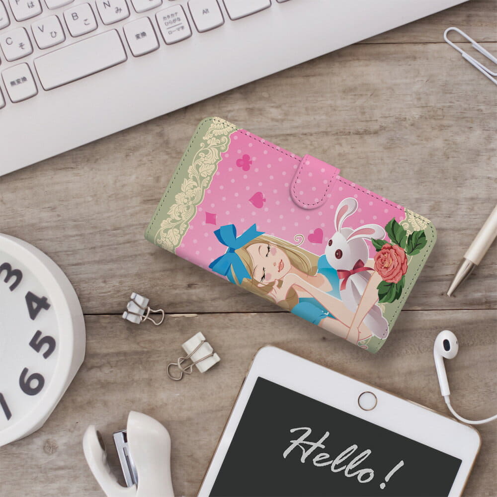 New It Is Cover T0490 With The Card Storing By Iphone7 Case Notebook Type Alice In Wonderland White Rabbit Dot Peach Alice Children S Story Cara Illustration Portable Case Iphone Aiphone Entire Surface Protection