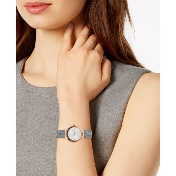 New SKAGEN Ladies Women s Freja Two Tone Stainless Steel Mesh Bracelet Watch 26mm Rosegold silver BE FORWARD Store