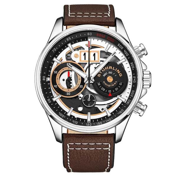 New Sterling mens Men s Quartz Brown Genuine Leather Strap Watch 45mm Black BE FORWARD Store
