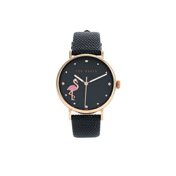 New Ted Baker Ladies 37mm Phylipa Flamingo 3 Hand Watch Rose Gold Black Black BE FORWARD Store