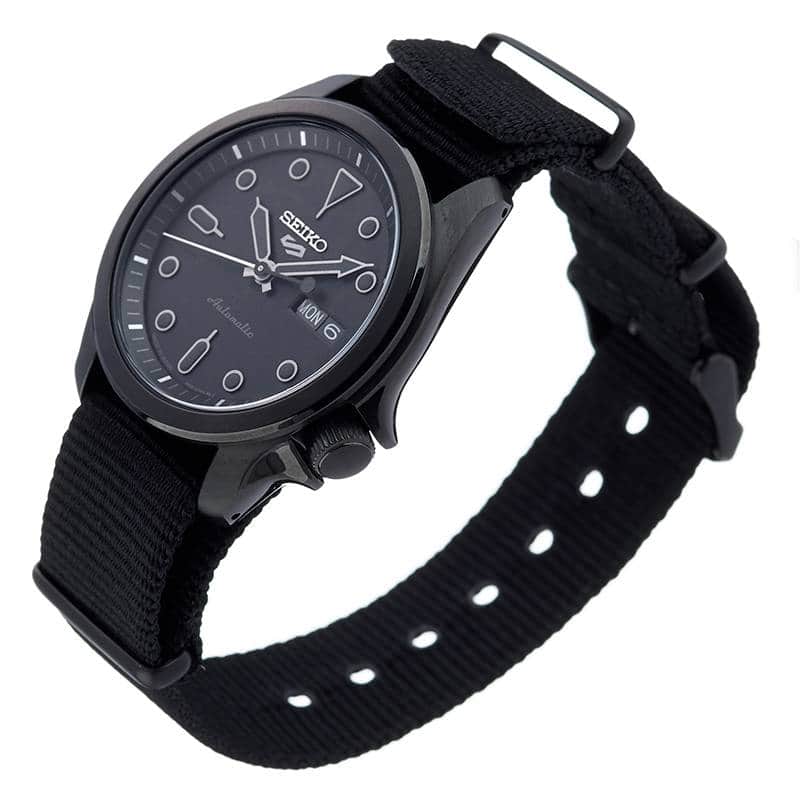 New SEIKO 5 self winder machine type solid boy street style SEIKO 5Sports Solid Boy Street Style mens Black SBSA059 automatic Mechanical calendar skeleton fashion industry BE FORWARD Store