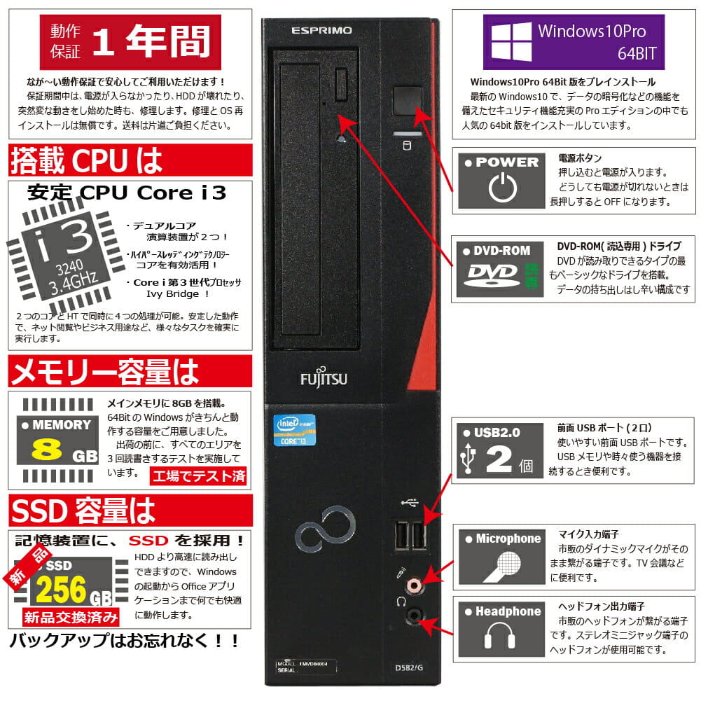 Used]FUJITSU ESPRIMO D582/G(GX) Windows10 desktop one year Core i3